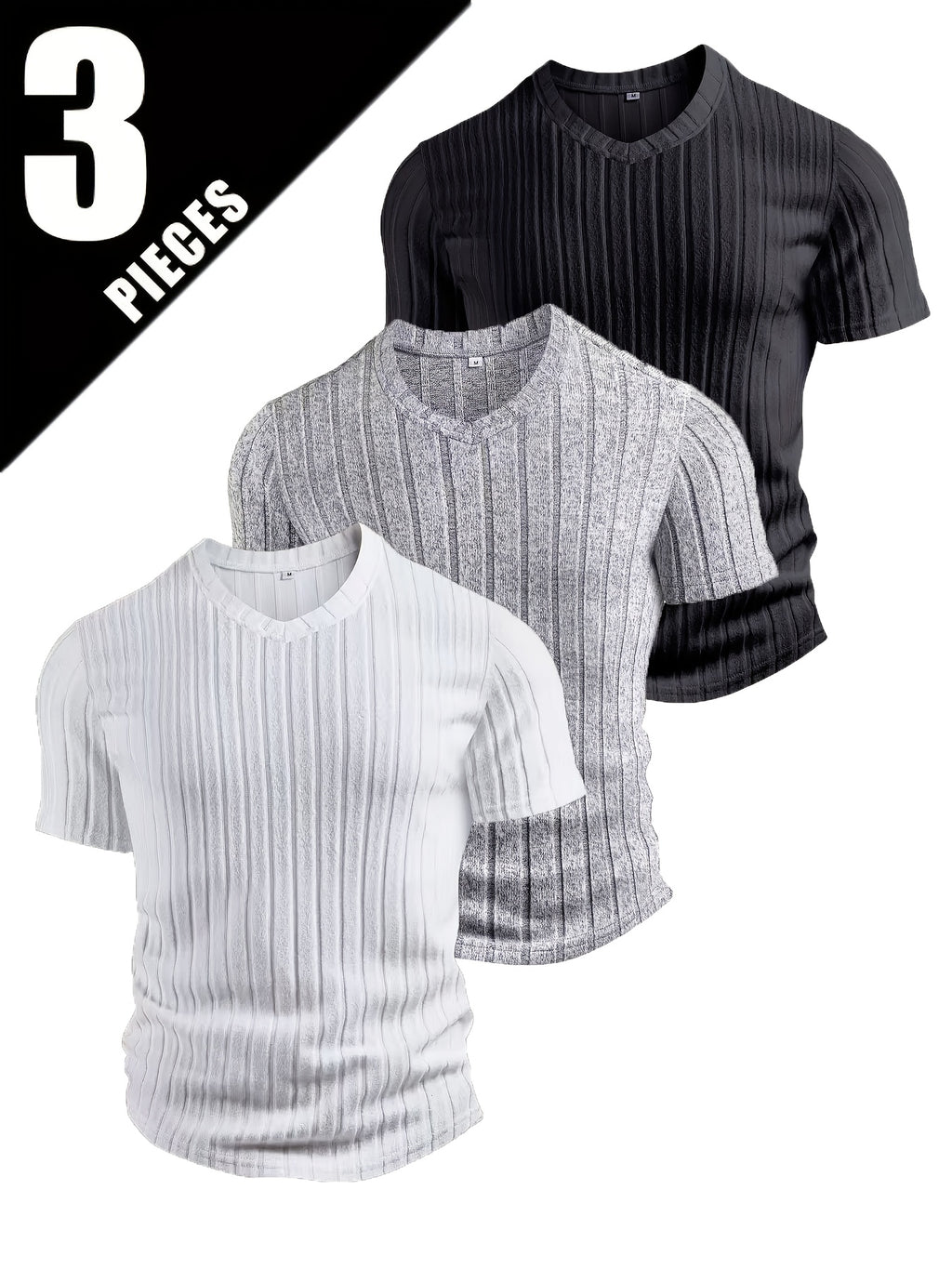 3pcs Men'S V-Neck Short Sleeve T-Shirts | Casual Business And Outdoor Wear, Skinny Fit, Medium Stretch Fabric, Solid Color - Mixed colors