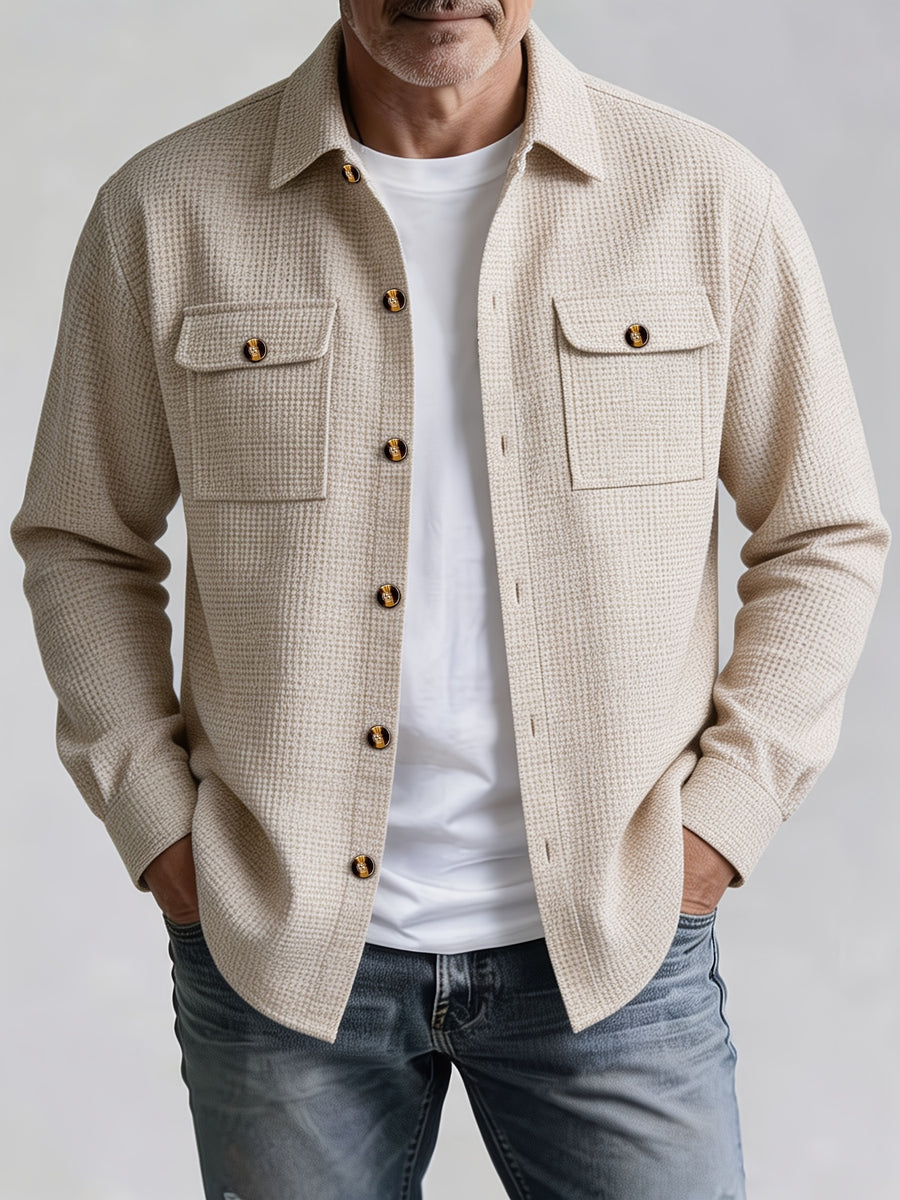 Pearson OBM Men's Casual Sport Jacket, American Vintage Waffle Texture Lapel Work Shirt Jacket, Men's Double Pocket Wood Button Loose Fit Casual Long Sleeve Shirt, Versatile Cardigan Jacket for Spring and Autumn - Khaki