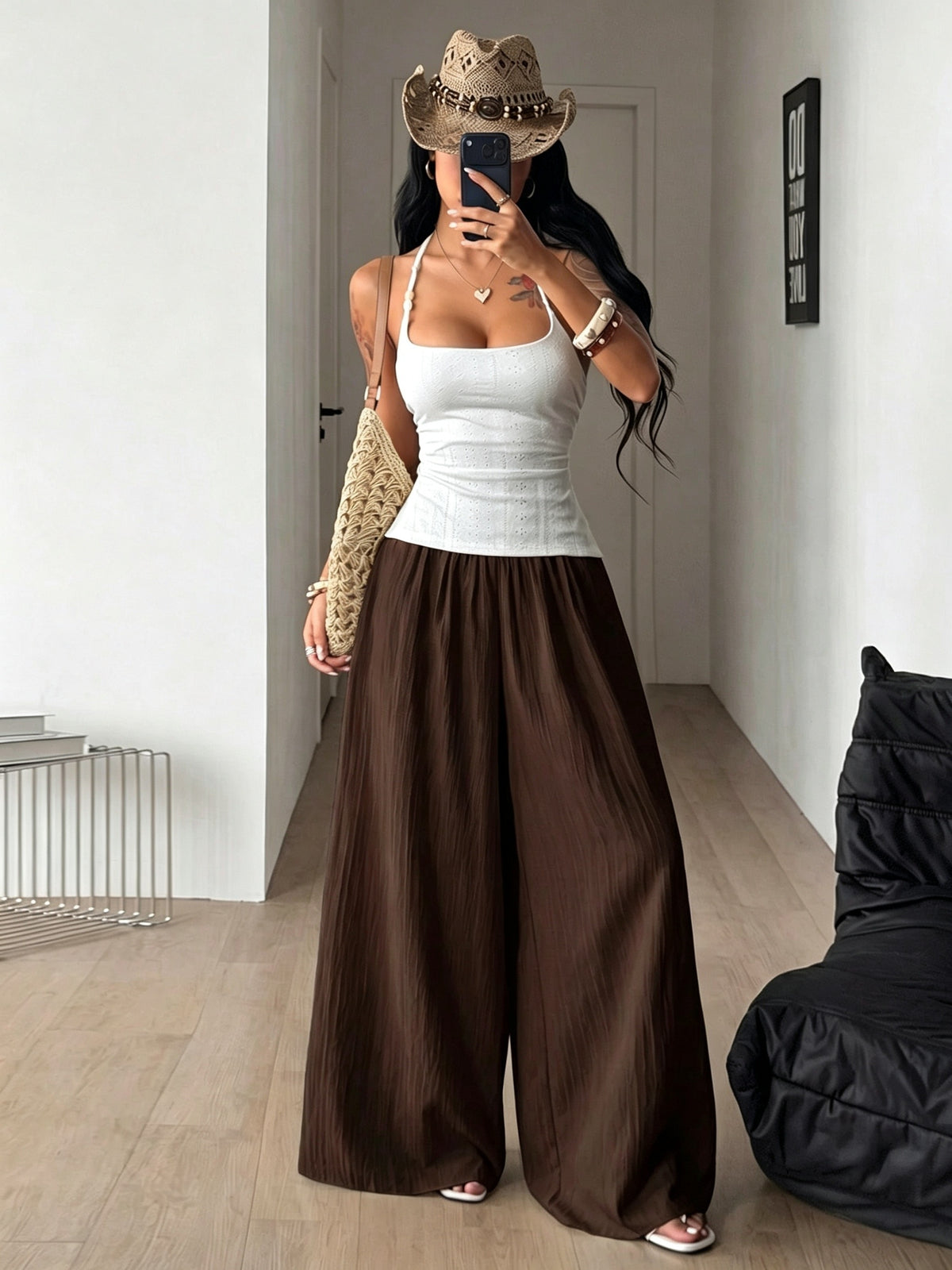 Women's Autumn/Winter Elegant Casual Vacation Solid Color Loose Textured Wide-Leg Pants - Coffee Color