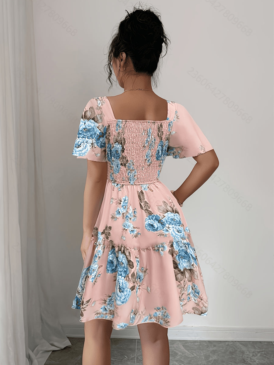 Summer Vacation Floral Print Short Dress with Waist Cinching - Pink