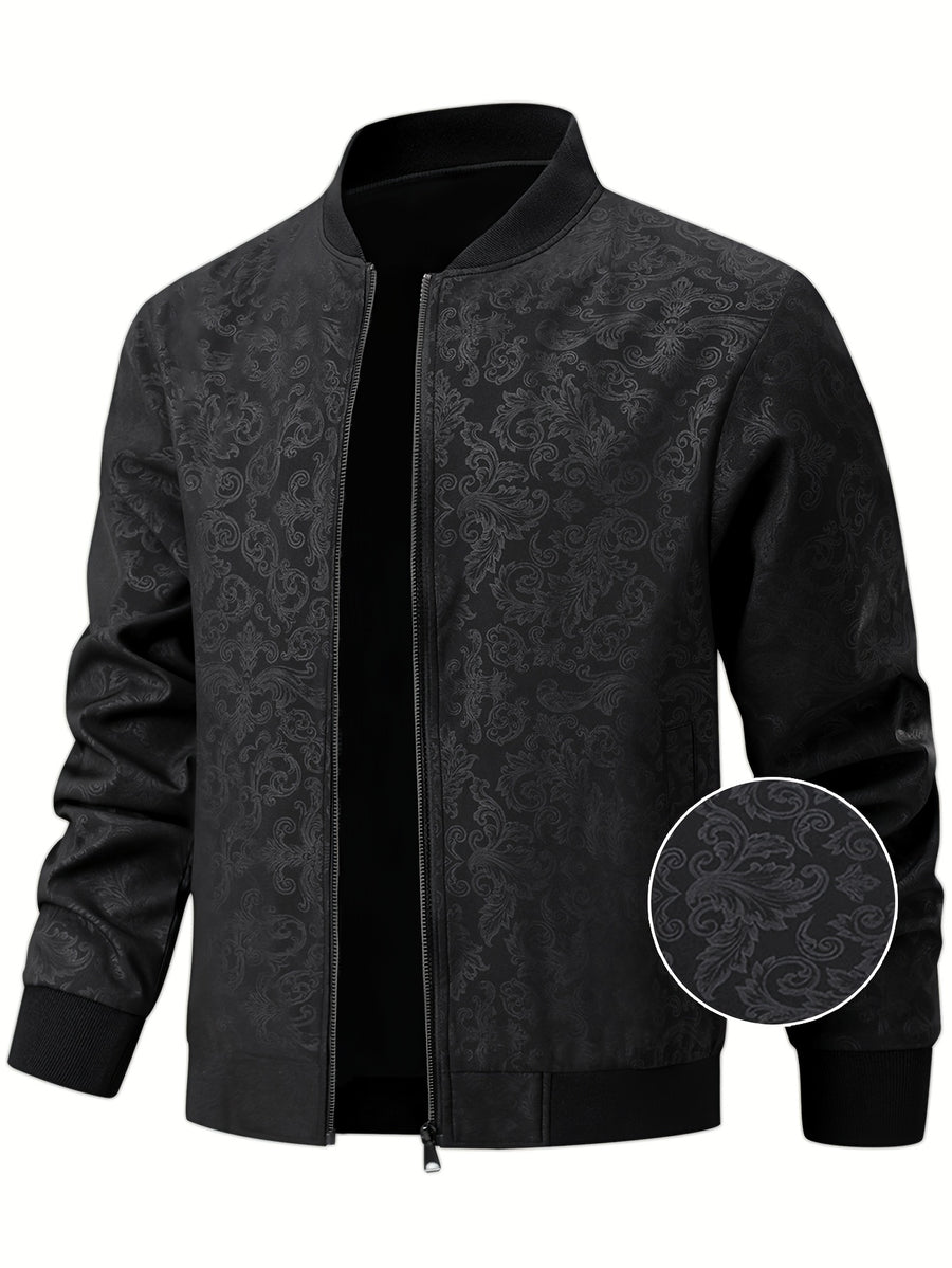[Sizi Bean OBM] Men'S Jacket Casual Jacket, Stamped Phoenix Print Texture Chinese Style Baseball Collar Top, 97% 3% Spandex Suitable for Spring Autumn Outdoor Windproof Wear - Black