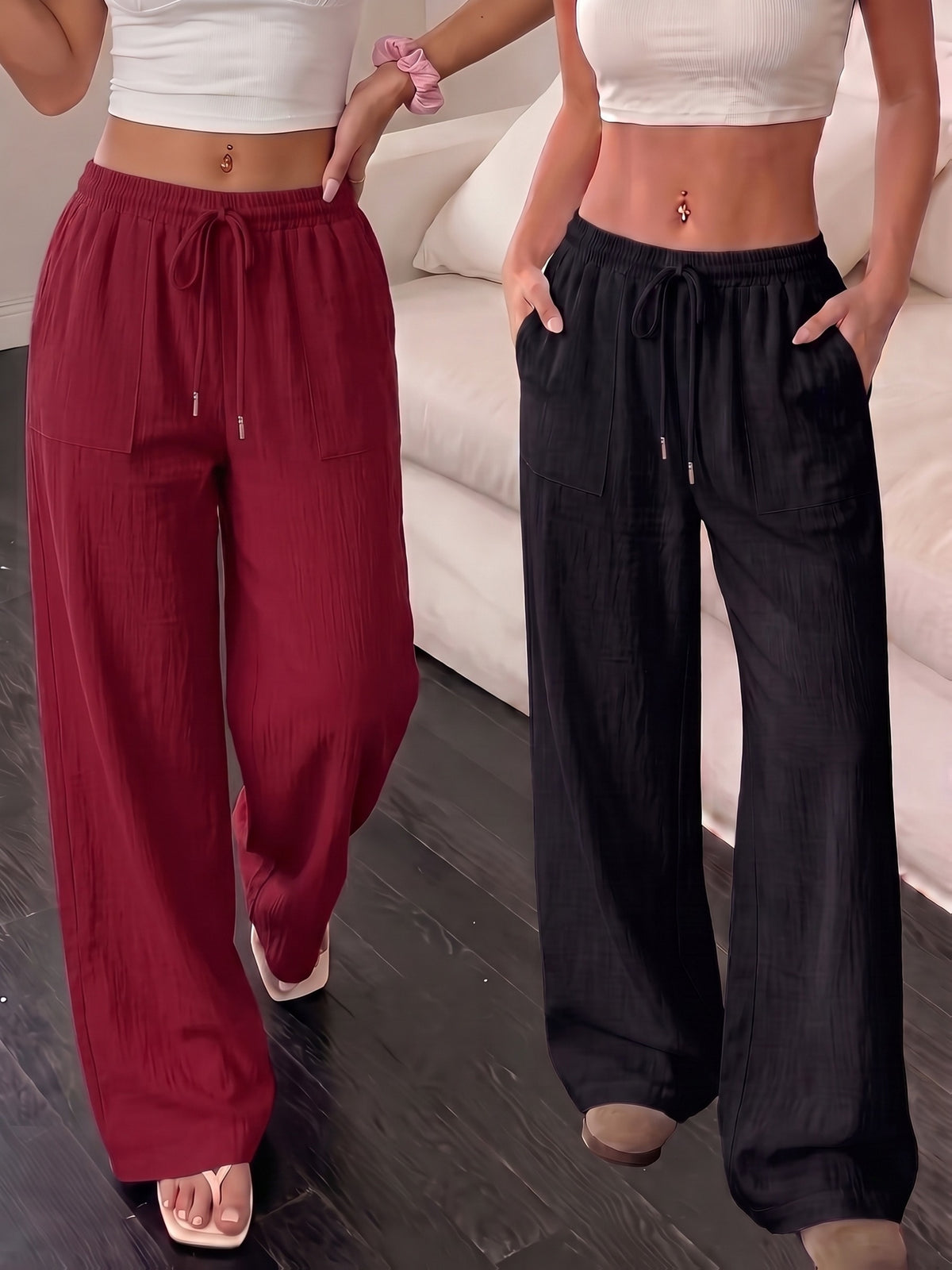 2pcs Set, Lazy Style Loose Linen Texture Casual Trousers, Summer Breathable Comfortable Straight Wide-Leg Pants - Burgundy+Black