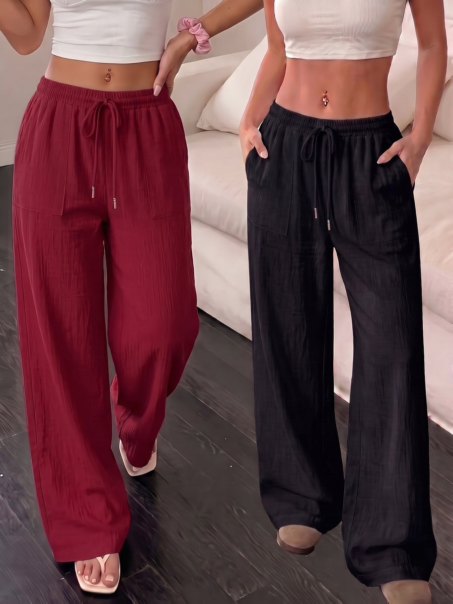 2pcs Set, Lazy Style Loose Linen Texture Casual Trousers, Summer Breathable Comfortable Straight Wide-Leg Pants - Burgundy+Black