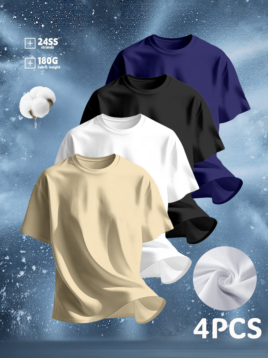 4pcs Men's Classic Solid Color Short-Sleeve T-Shirts, Lightweight Pure Cotton Fabric, Crew Neck Design, Suitable for Summer and Any Occasion, Pure Cotton Crew Neck T-Shirt, Machine Washable - Ideal Choice for Casual Wear. If You Prefer a Loose Fit - Khaki, White, Black, Navy Blue