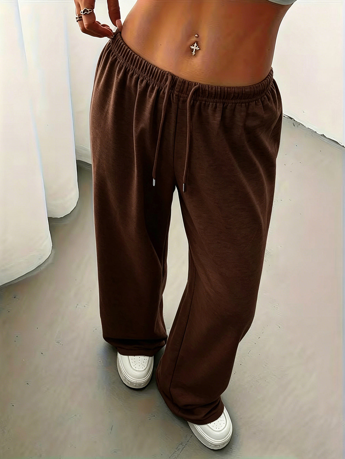 Drawstring Elastic Waist Wide Leg Sweatpants Women'S Loose Lazy Style Casual Versatile Long Pants - Coffee Brown