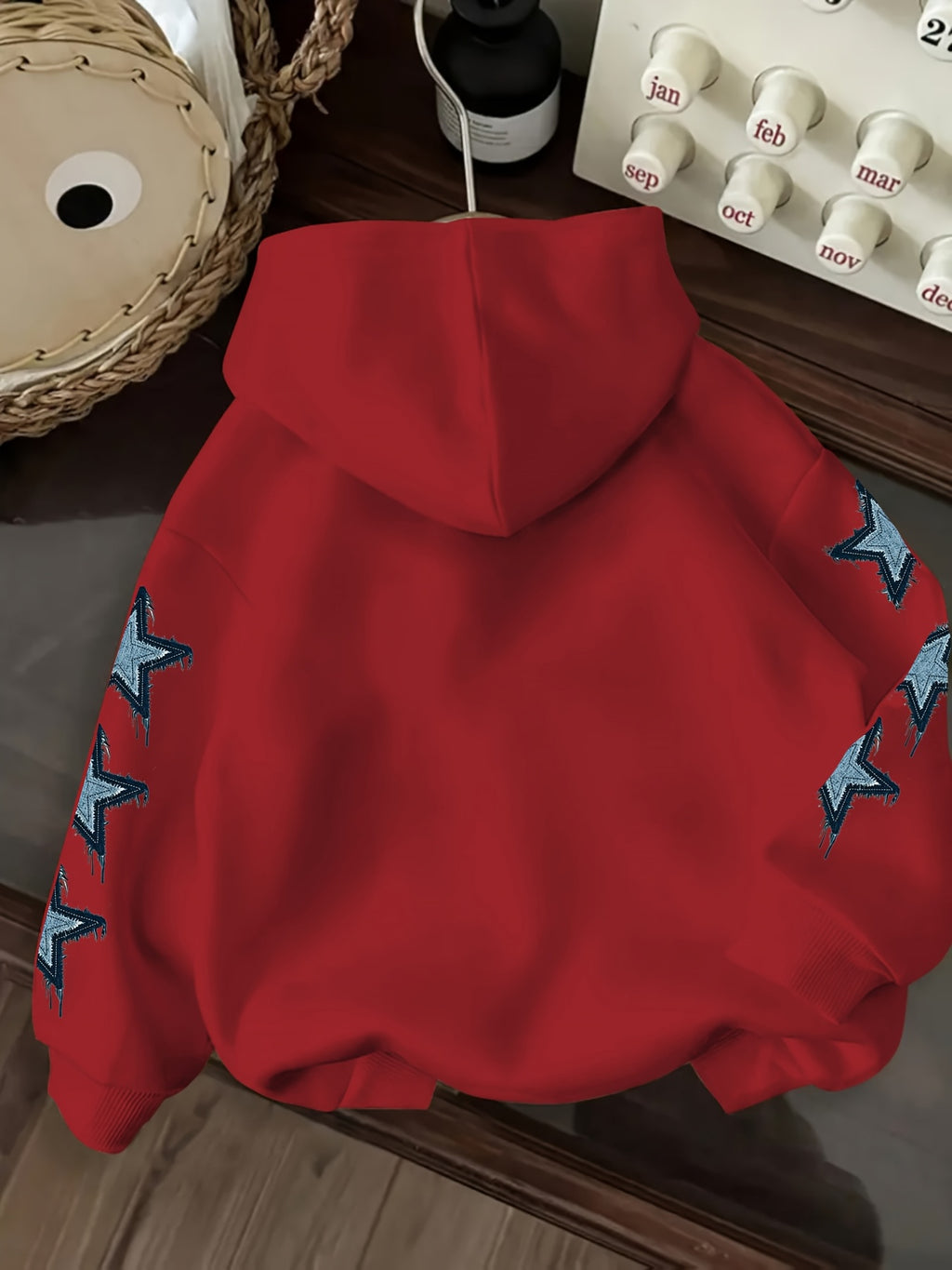 Vintage Denim Fringe Star Hooded Sweatshirt with All-Over Five-Pointed Star Print, a Versatile Casual Hoodie Top for Spring and Autumn - Red