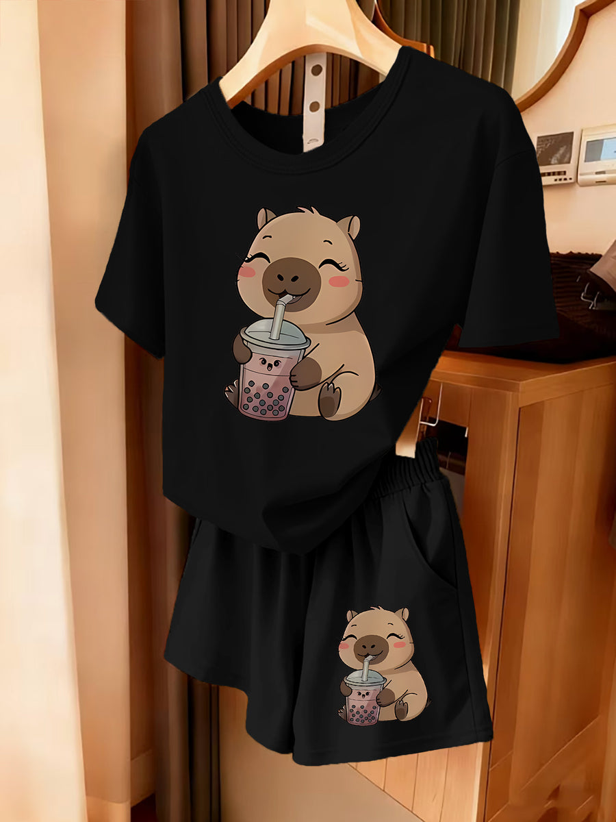 2pcs Women's Spring Summer Short Sleeve & Shorts Matching Outfit - Capybara Print Pajamas Gym Wear Sleepwear, Soft Breathable Pajamas, Valentine's Day Gift, Machine Washable 2pcs Set - Black+black