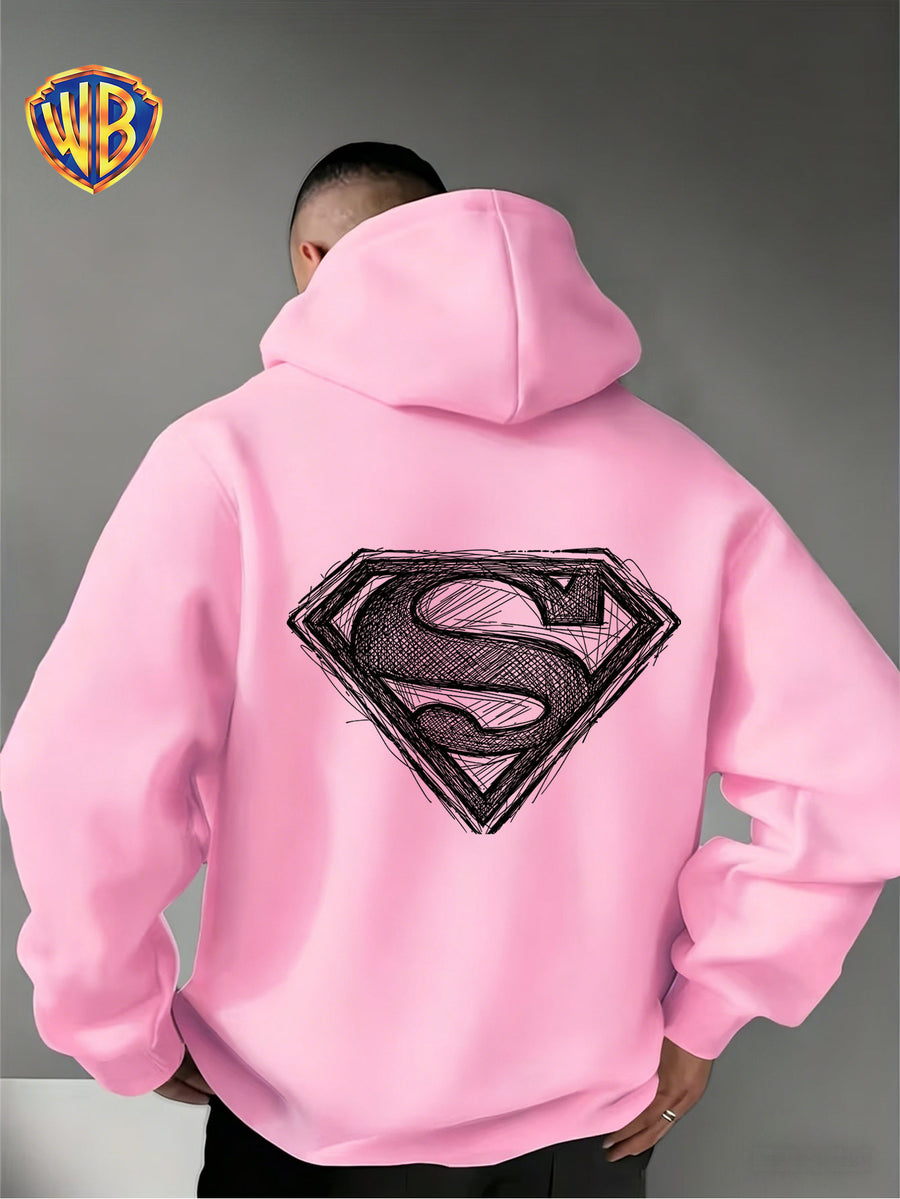 Warner Bros. Superman Sketch Print Hooded Sweatshirt, Men's Loose Fit Casual Top, Versatile and Comfortable Autumn/Winter Sweatshirt - Pink