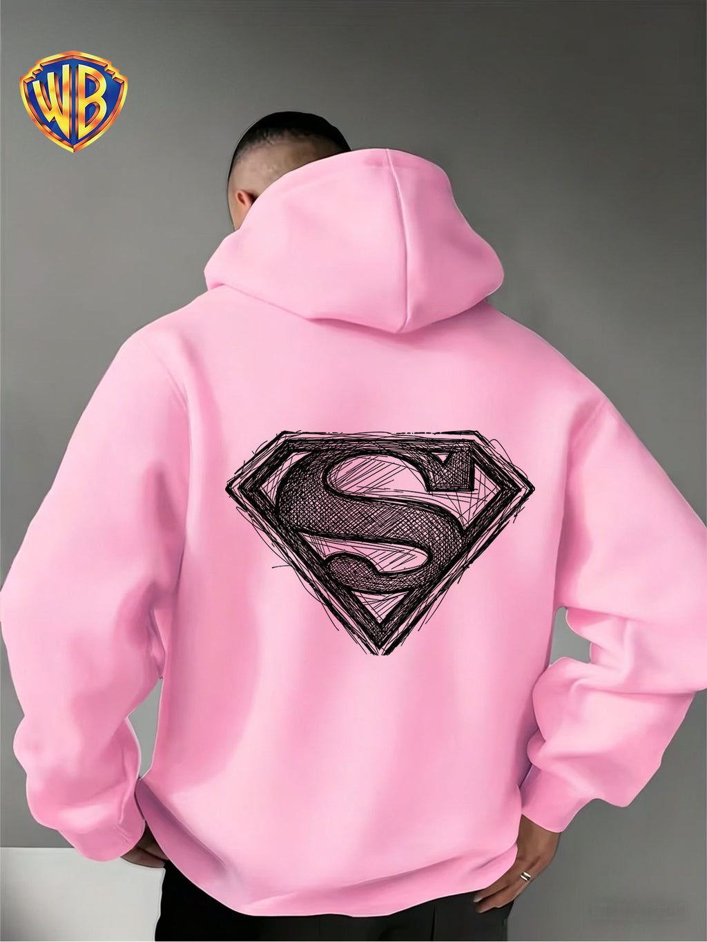 Warner Bros. Superman Sketch Print Hooded Sweatshirt, Men's Loose Fit Casual Top, Versatile and Comfortable Autumn/Winter Sweatshirt - Pink