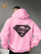 Warner Bros. Superman Sketch Print Hooded Sweatshirt, Men's Loose Fit Casual Top, Versatile and Comfortable Autumn/Winter Sweatshirt - Pink