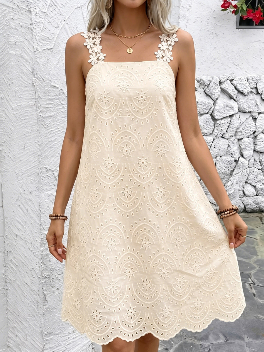 French Hollow Embroidery Square-Neck Sleeveless Dress, with Lace Shoulder Strap Design, Loose A-Line Vacation Midi Dress, Niannian Women'S Wear - Apricot