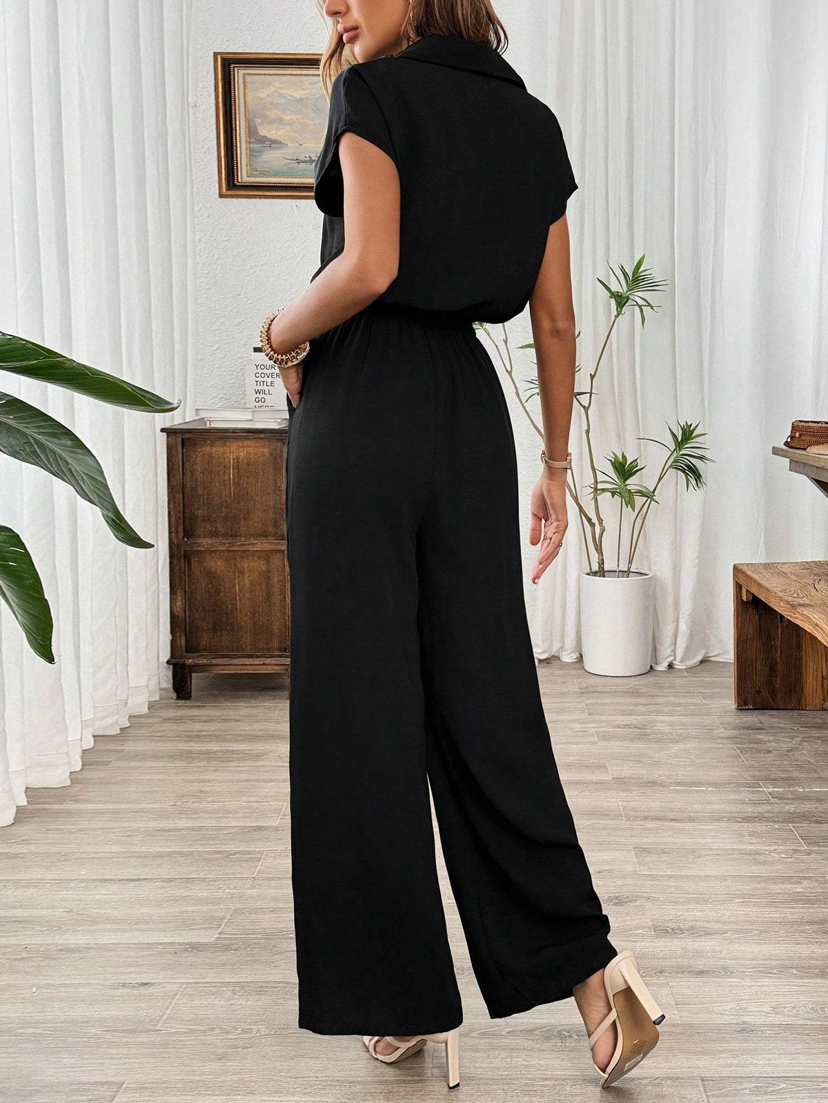 Women'S Spring Summer Fall Solid Basic Wide-Leg Jumpsuit - Black
