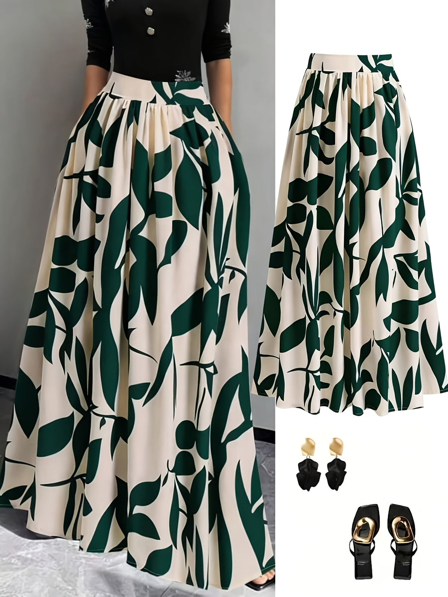 New Spring/Summer/Autumn Women's Printed High-Waist A-Line Skirt, Summer Vacation Dress - Dark Green