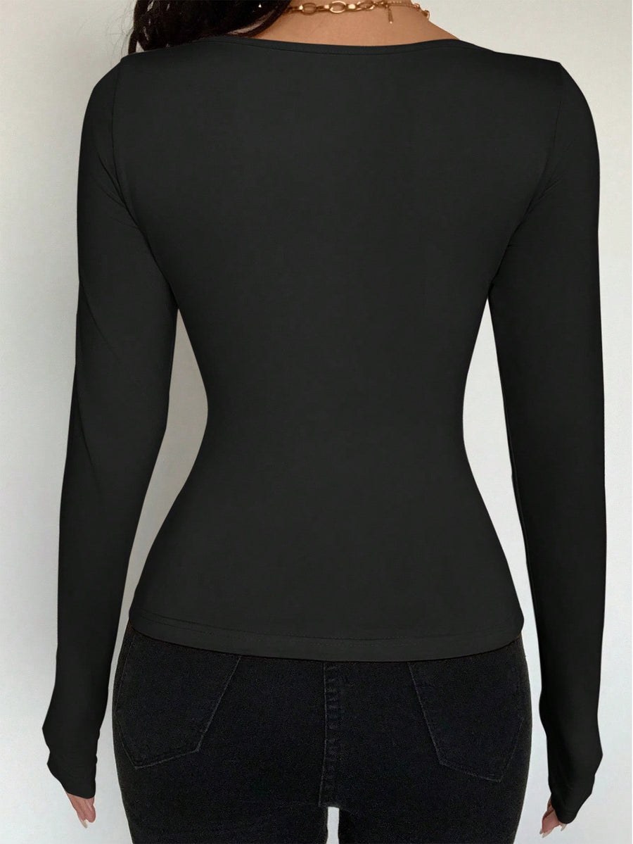 New Trendy Women'S Long-Sleeve T-Shirt That Goes Well with Various Styles - Black