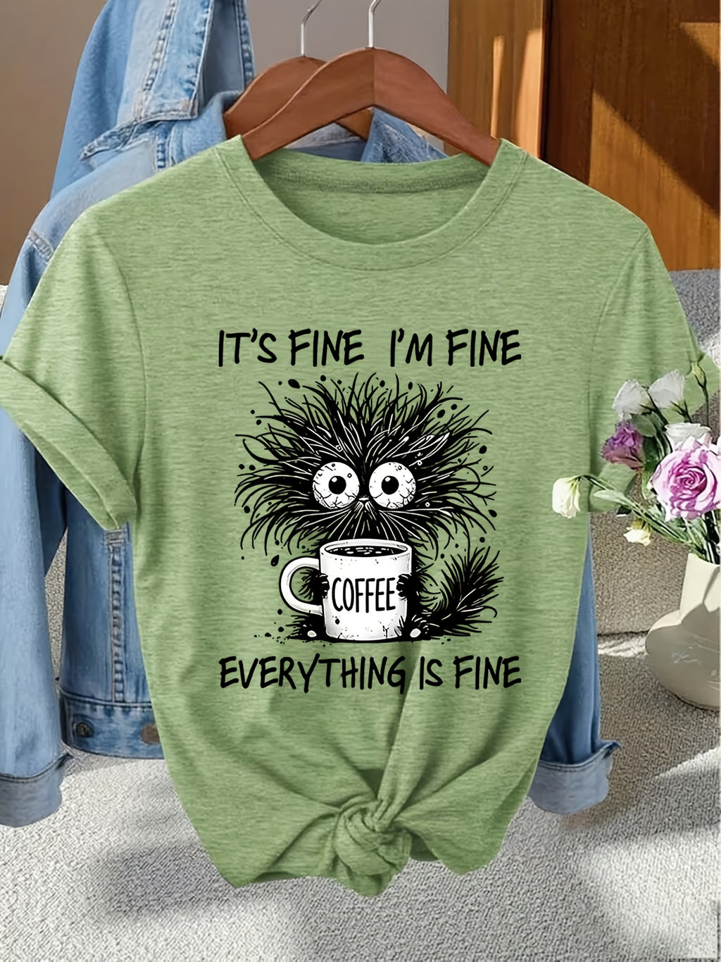 Women'S Funny Black Cat Coffee Lover Graphic T-Shirt - Soft Breathable Tee with "It'S Fine I'M Fine" Slogan, Casual Short Sleeve Round Neck Top for Casual Attire, Cat Tshirt, Comfortable Fit Shirt, Weekend Attire, Playful Design, Quality Print - Grass Green