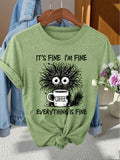 Women'S Funny Black Cat Coffee Lover Graphic T-Shirt - Soft Breathable Tee with "It'S Fine I'M Fine" Slogan, Casual Short Sleeve Round Neck Top for Casual Attire, Cat Tshirt, Comfortable Fit Shirt, Weekend Attire, Playful Design, Quality Print - Grass Green