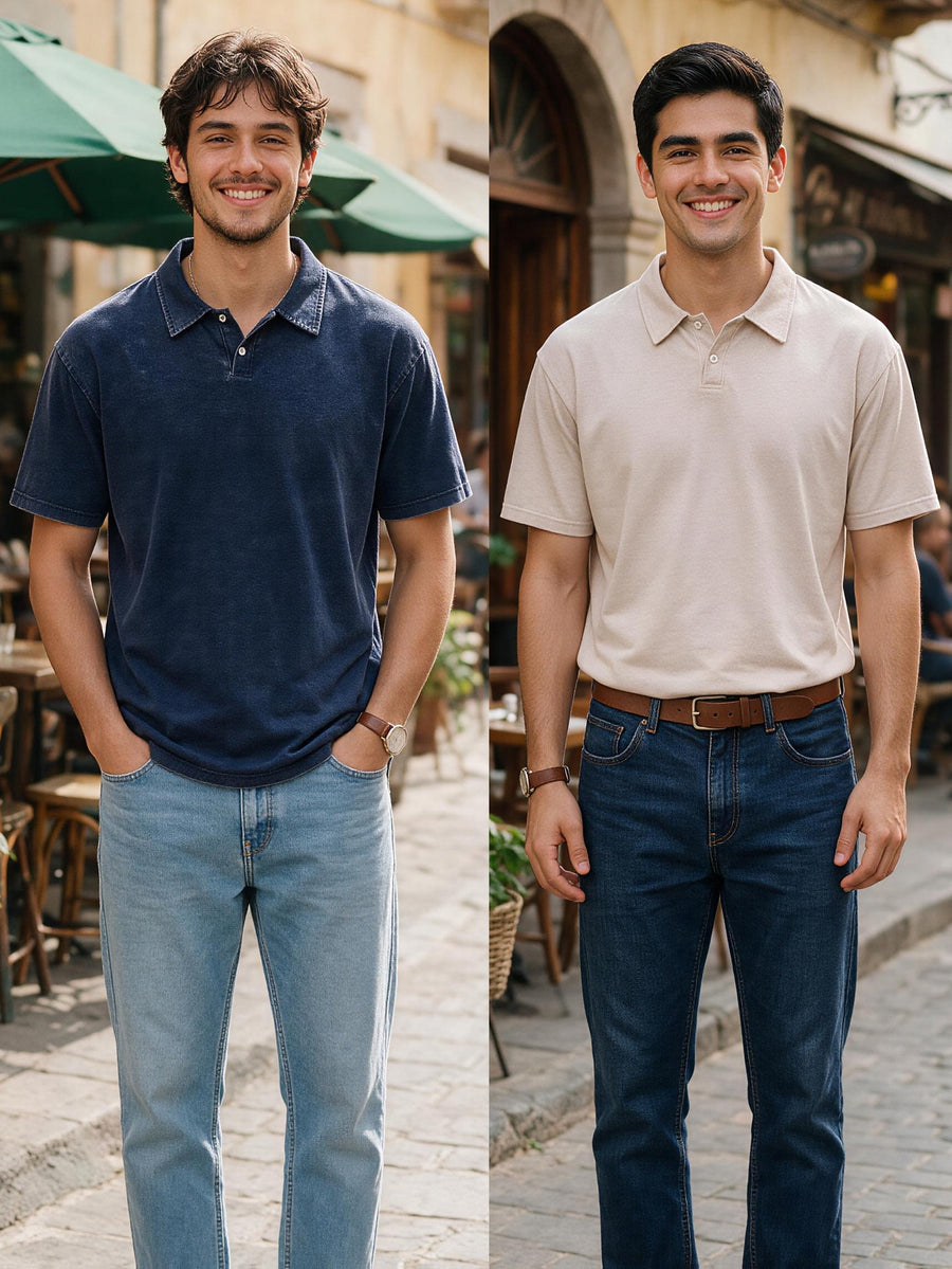 Two-pc More Cost-Effective Heavyweight Combed Pure Vintage Washed Distressed Polo Shirt for Men, Loose Fit Casual Short Sleeve Lapel, Latin American Style Daily Versatile Button-Up Top, Business Casual Commuter Lapel T-Shirt - Navy Apricot