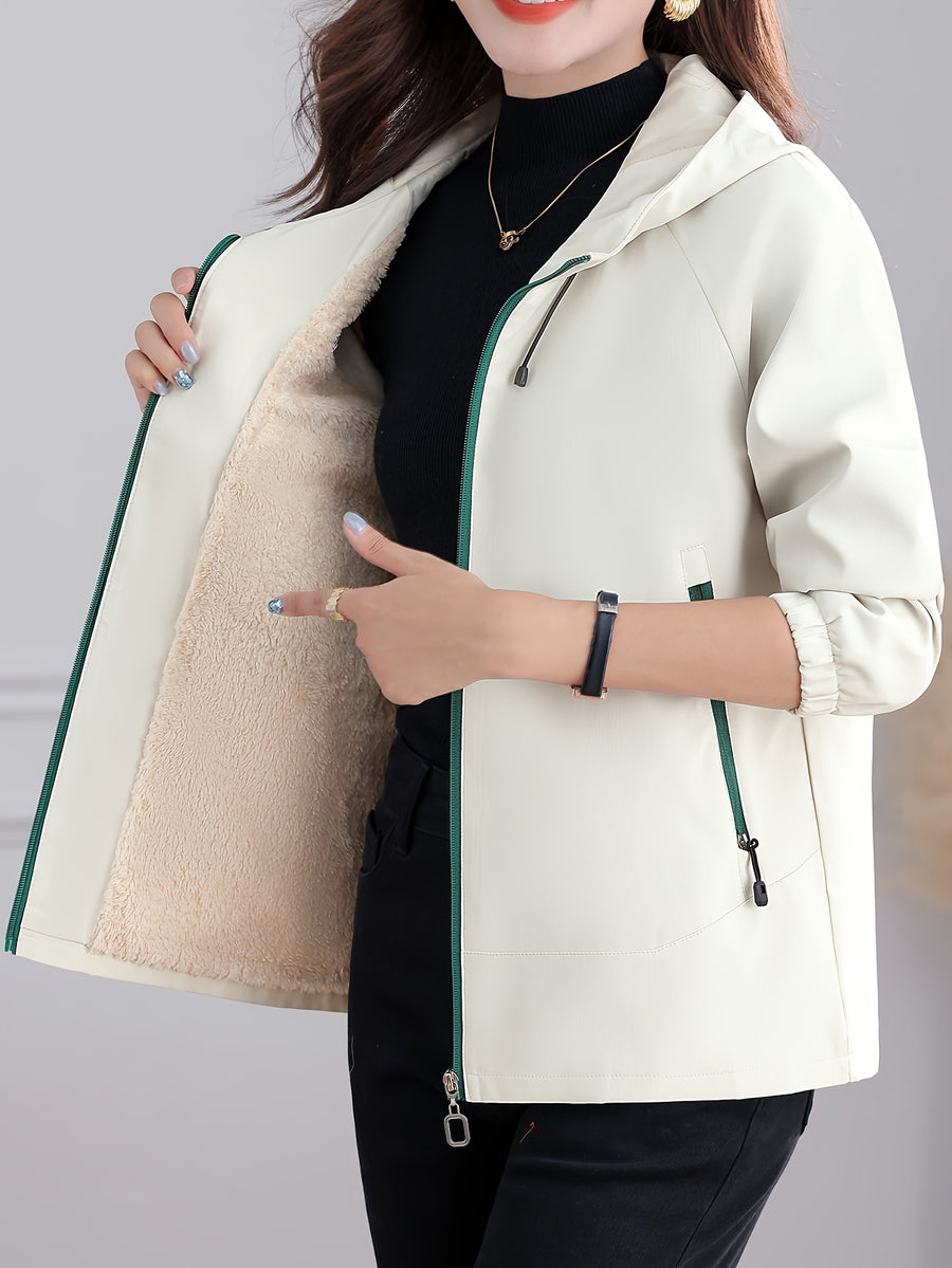 Autumn/Winter -Lined Jacket, Outdoor Hooded Women's Top for Daily Outings, Loose Fit Long-Sleeve Cardigan, Wear-Resistant, Thickened, and Warm for Commuting, Strolling, Hiking, Simple and Versatile Women's Outdoor Casual Top - Off-white