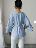 Women'S Round Neck Long Sleeve Wide Waist Tie-Up Elegant Noble Versatile Top Trendy - Light Blue