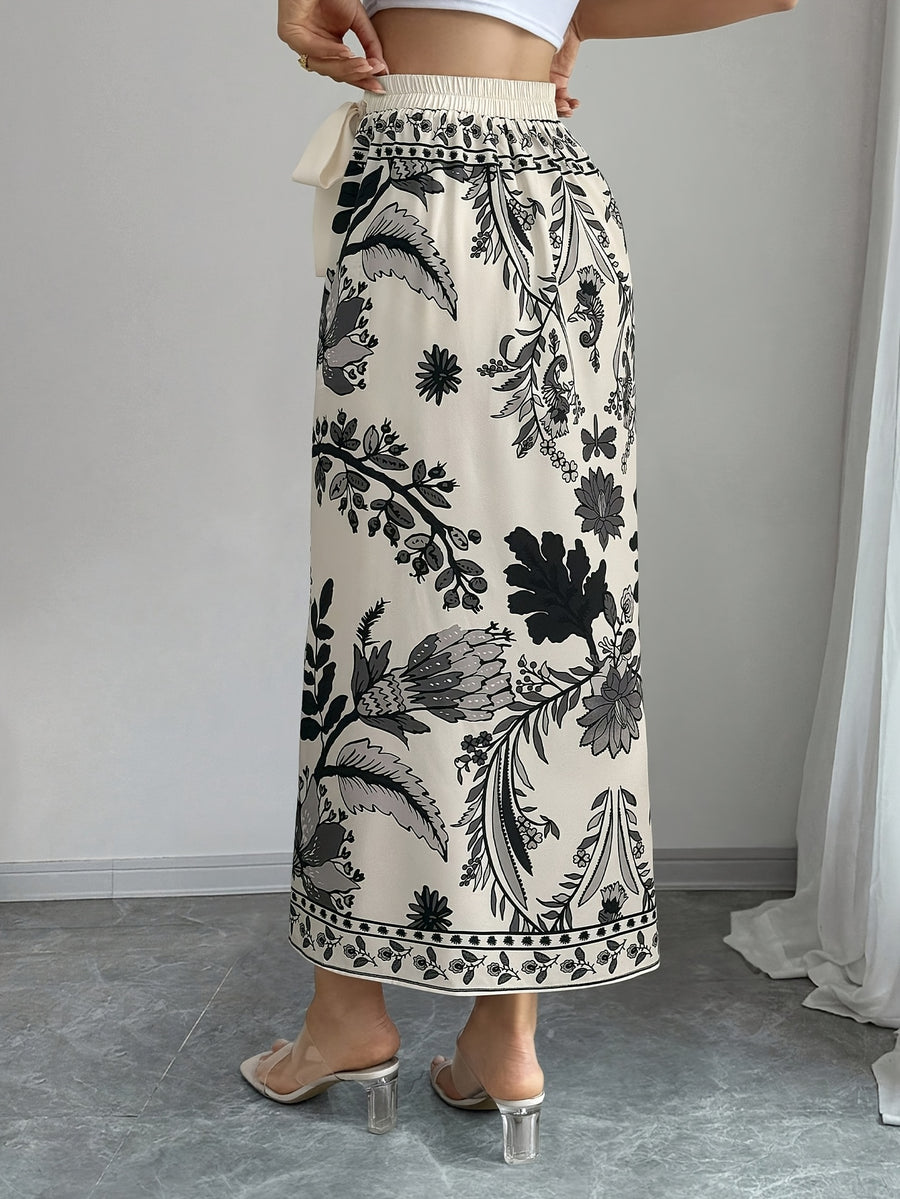 Women's Elegant Floral Print Wrap Tie Straight Skirt, Vacation Style - Apricot