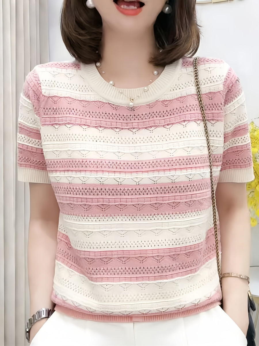Summer Round Neck Hollow Color Blocking Short-Sleeved Top, Korean Style Color Blocking Striped Hollow Sweater Women'S Summer Round Neck Thin Short-Sleeved Top Fashionable Versatile Breathable Comfortable Inner Wear Outer Wear T-Shirt - pink color