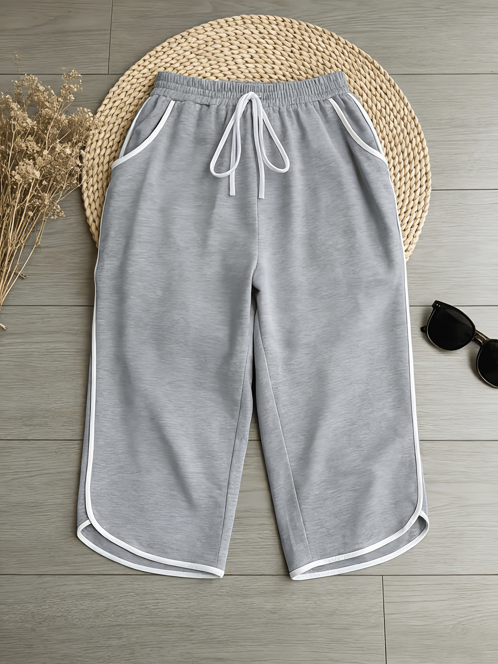 Women'S Pants, Easy Lazy Style American Retro Capri Pants, Elastic Waist Drawstring Design, Loose Contrast Trim Capri Pants, Comfortable Home Casual Trousers - Light Grey