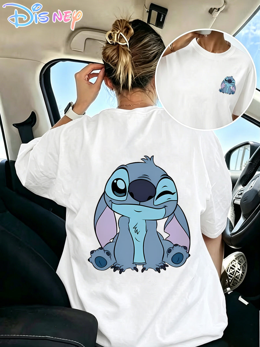 100% Spring/Summer Women's Pure Fashion T-Shirt, Pure Short-Sleeve Top with Disney IP Print "Disney" Stitch Winking, Smiling, Sitting with One Hand on Chin, Cute Print Pure T-Shirt, Crew Neck, Casual, Comfortable, Stylish, and Versatile - White