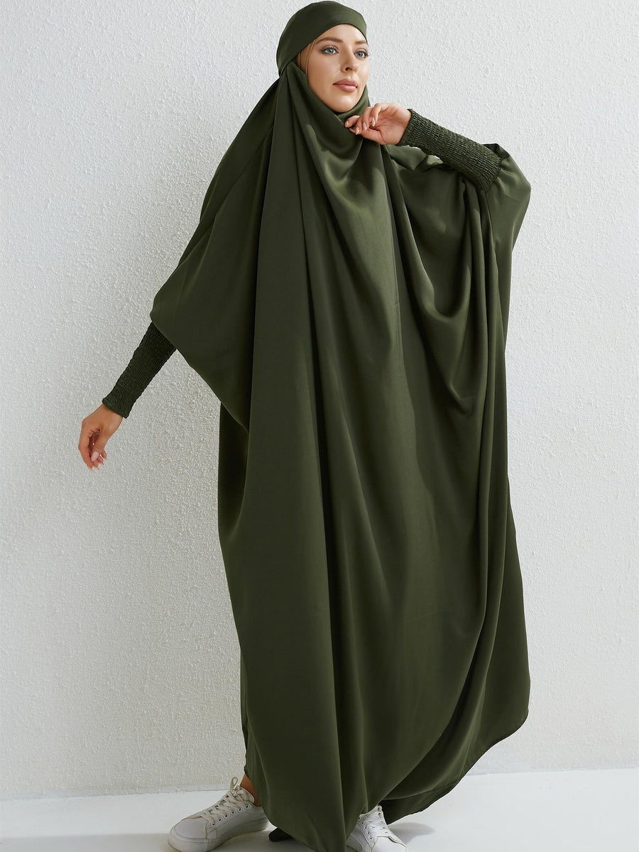 Islamic Attire for Women Featuring a Hooded Jilbab with Smocking Sleeves, Designed for Prayer, Suitable for Modesty in Dubai And Saudi Arabia, Available in Black - Army Green