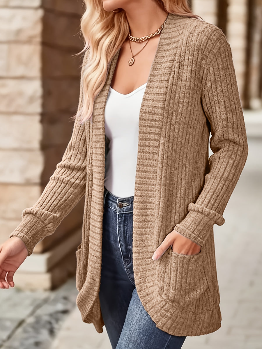 Women's Solid Color Brushed Casual Spliced Long Sleeve Cardigan - Khaki