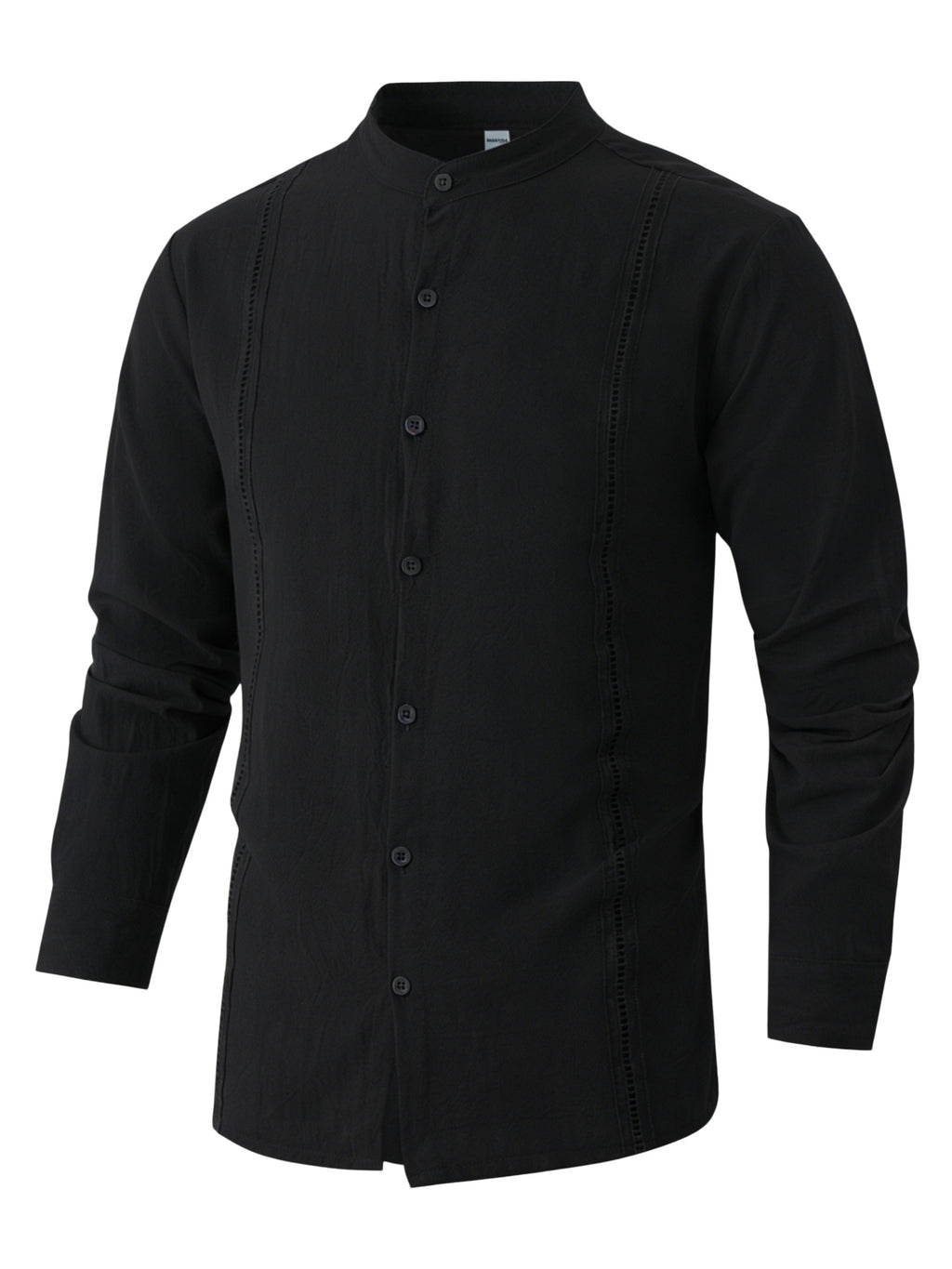 [Mai Qiqi OBM] Men'S Beach Vacation Shirt Stand-Up Collar Linen Lace Texture Long-Sleeved Top Light And Breathable Summer Vacation Outfit - Black