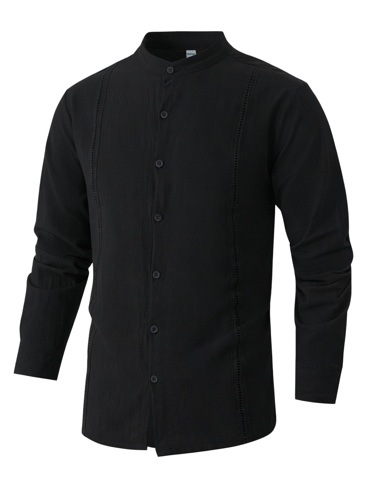 [Mai Qiqi OBM] Men'S Beach Vacation Shirt Stand-Up Collar Linen Lace Texture Long-Sleeved Top Light And Breathable Summer Vacation Outfit - Black