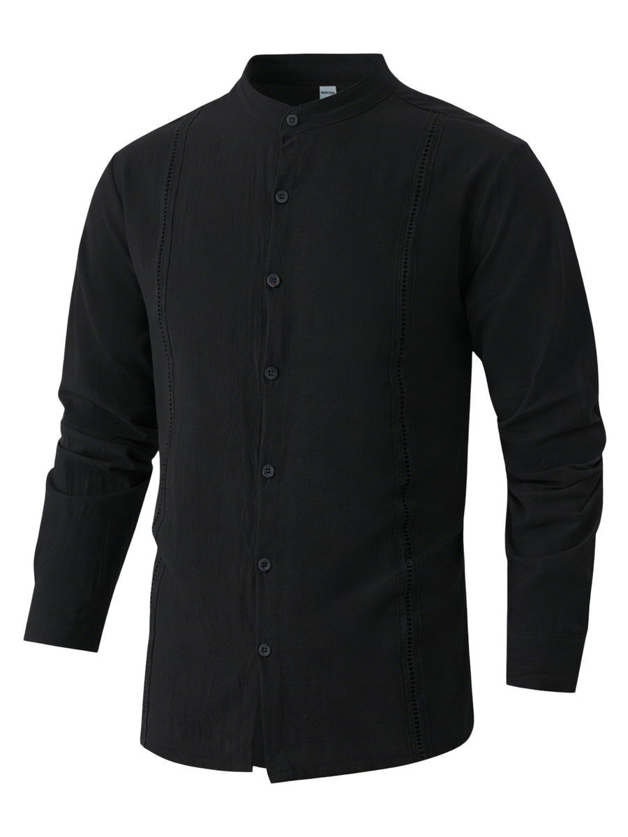[Mai Qiqi OBM] Men'S Beach Vacation Shirt Stand-Up Collar Linen Lace Texture Long-Sleeved Top Light And Breathable Summer Vacation Outfit - Black
