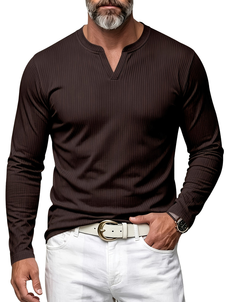 Men's Vertical Pin-Stripe V-Neck Henley Long-Sleeve T-Shirt, Slim Fit Stretch Textured Top, Spring/Autumn Casual Base Layer Men's Apparel - Dark Brown