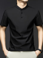 Summer Short-Sleeve T-Shirt for Men, Featuring a Solid Color, Breathable Fabric, And a Small Stand-Up Collar - Black