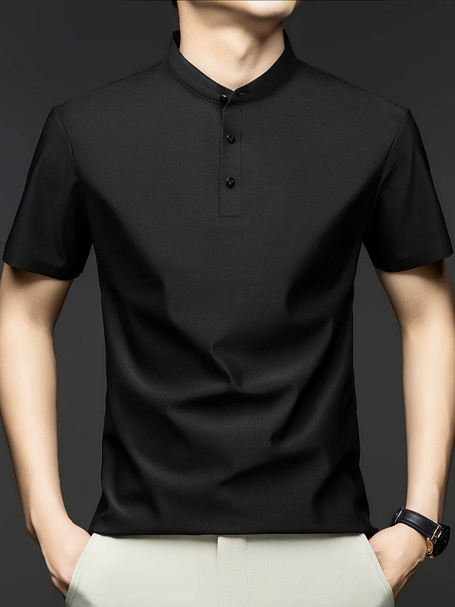 Summer Short-Sleeve T-Shirt for Men, Featuring a Solid Color, Breathable Fabric, And a Small Stand-Up Collar - Black