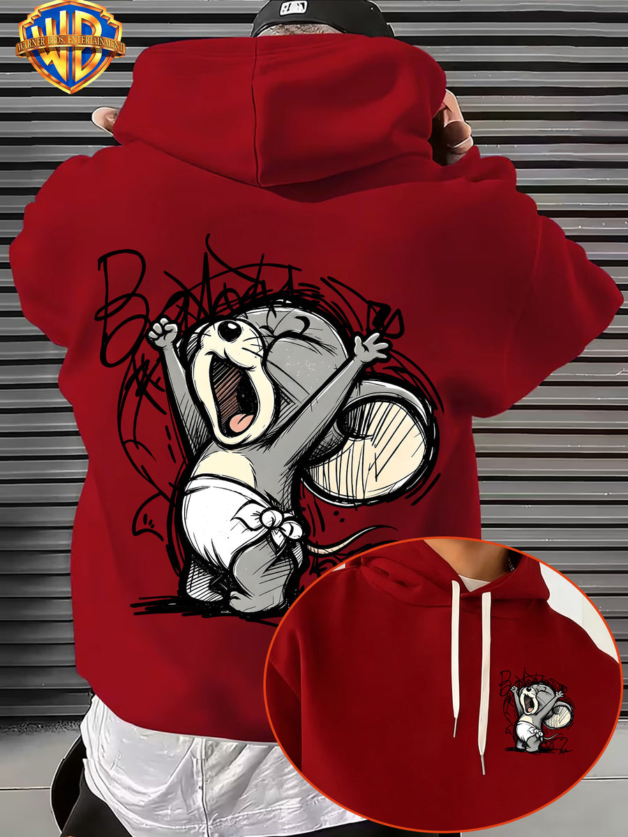 Licensed by Warner Bros., Sketch Style Cute Young Animals, Exuberant Cheering Expression with Casual Graffiti Art Letter Trendy Cool Print Men'S Fashion Hooded Sweatshirt, Sleeve Print Design, Kangaroo Pouch, Drawstring Hood - Red