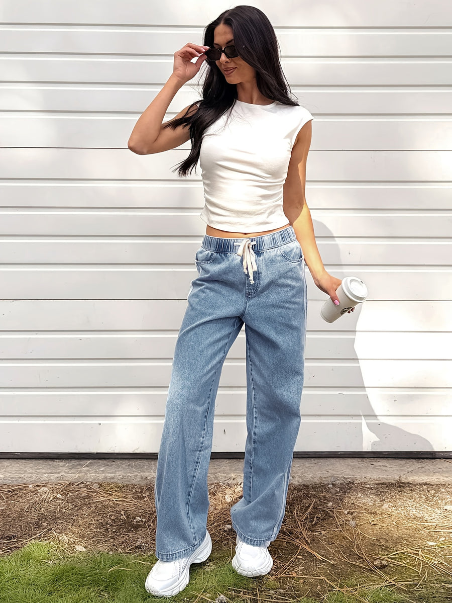 Light Blue Wide-Leg Denim Jeans with Side Stripe Patchwork Design Drawstring Elastic Waist Comfortable Loose Drapey Casual All-Match Trousers - Light Blue