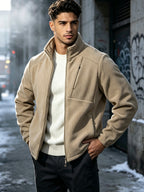 Men'S Autumn And Winter Outdoor Fleece Jacket with Stand Collar, Warm And Fashionable Jacket for Daily Wear, Featuring Windproof Patch Design And Zipper Design - Khaki
