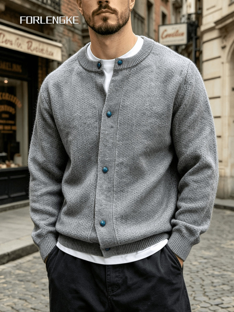 FORLENGKE Autumn Winter Men'S Retro Round Neck Knit Cardigan Heavyweight Hollow Texture Blue Button Loose Sweater Trendy Street Casual All-Match Long Sleeve Top Jacket - Light Grey