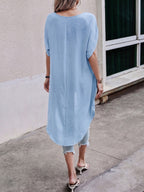 V-Neck Asymmetrical Long Top, Batwing Short Sleeve Loose Curved Hem Front Short Back Long Shirt, Textured Pleated Fabric, Casual Commute Leisure, Beach Vacation Blouse - Light Blue