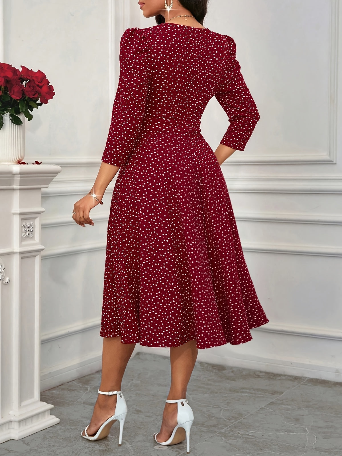 2026 New Valentine's Day/New Year Party/Suitable for Daily Work Wear/Suitable for All Seasons Elegant Fashion Versatile Daily Date V-Neck 3/4 Sleeve Waist Flared Long Red and Blue Women's Elegant Dress, Women's Polka Dot Small Heart Print Dress - Burgundy