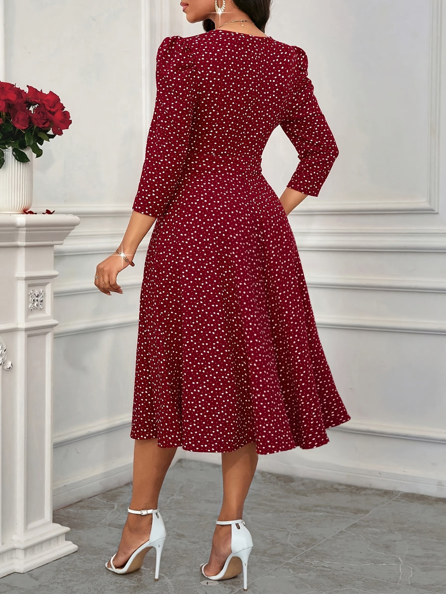 2026 New Valentine's Day/New Year Party/Suitable for Daily Work Wear/Suitable for All Seasons Elegant Fashion Versatile Daily Date V-Neck 3/4 Sleeve Waist Flared Long Red and Blue Women's Elegant Dress, Women's Polka Dot Small Heart Print Dress - Burgundy