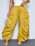 Women'S Fashion Solid Color Loose Casual Trousers, Pleated Design with Elastic Waistband, Wide-Leg Style, All-Season Versatile for Casual Wear Zzy Spring Summer - Mustard Yellow