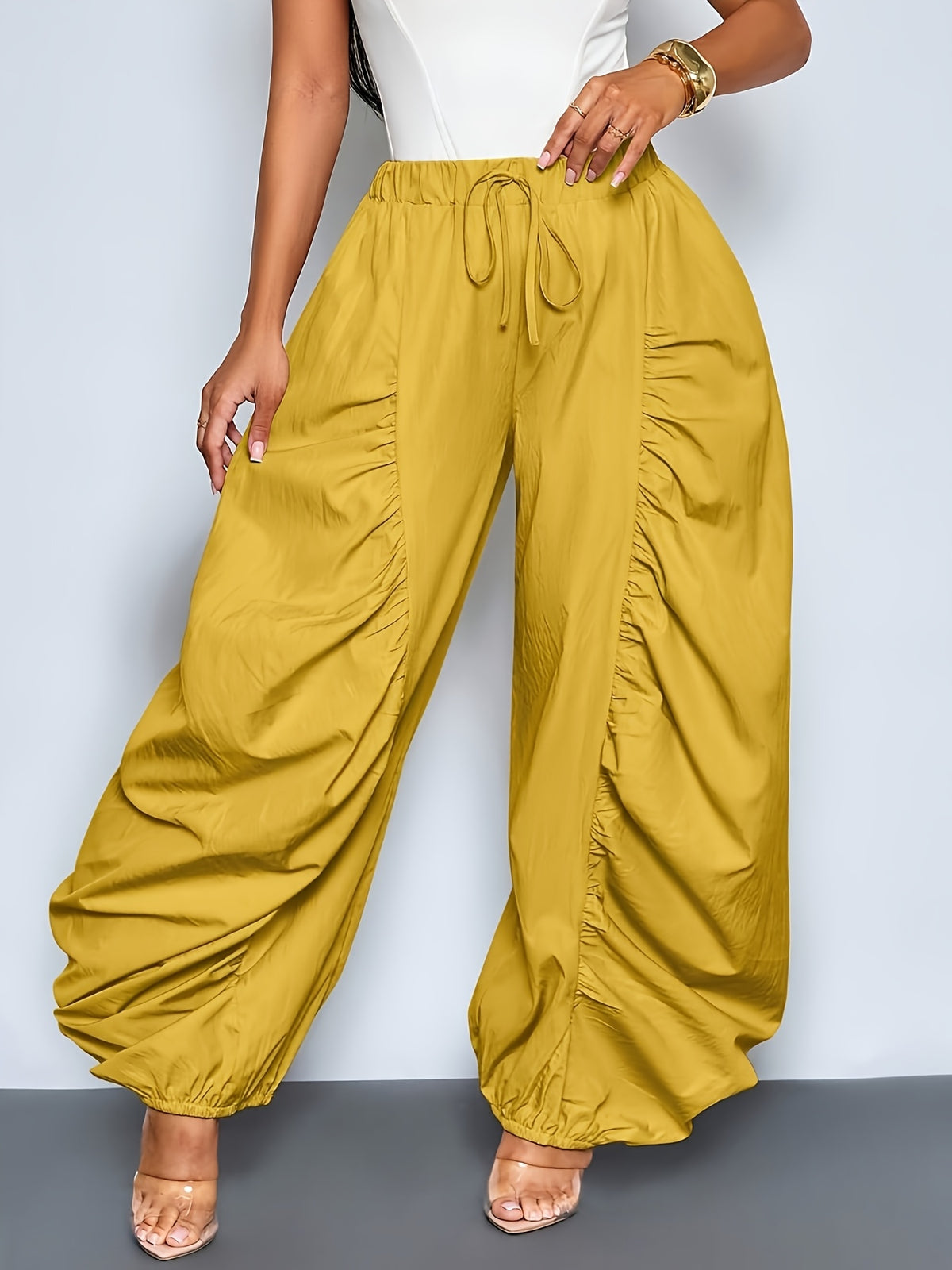Women'S Fashion Solid Color Loose Casual Trousers, Pleated Design with Elastic Waistband, Wide-Leg Style, All-Season Versatile for Casual Wear Zzy Spring Summer - Mustard Yellow