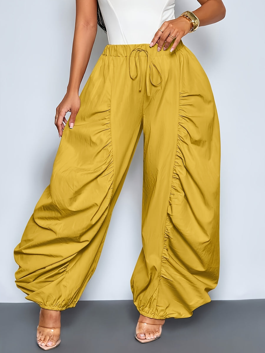 Women'S Fashion Solid Color Loose Casual Trousers, Pleated Design with Elastic Waistband, Wide-Leg Style, All-Season Versatile for Casual Wear Zzy Spring Summer - Mustard Yellow