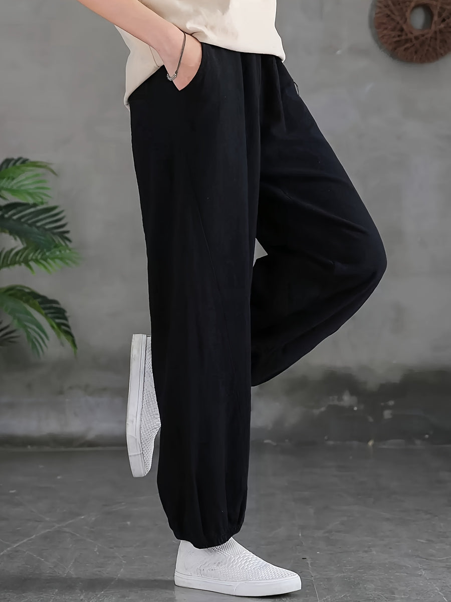 Loose and Breathable Vintage High-waist Tapered Patchwork Casual Wide-leg Long Pants Solid Color Casual Lantern Pants - Black