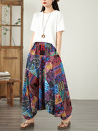 9531# Real Shot New Style Elegant Wide-Leg Pants Floral Print Flared Pants Casual Loose Pants Ethnic Style Harem Pants - Purple