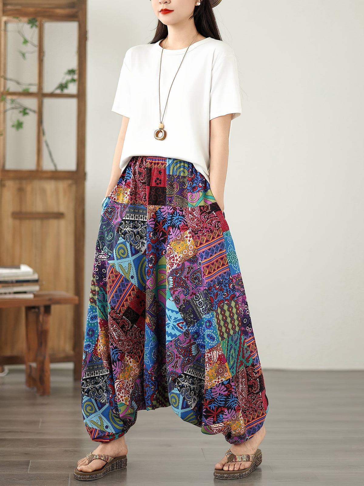 9531# Real Shot New Style Elegant Wide-Leg Pants Floral Print Flared Pants Casual Loose Pants Ethnic Style Harem Pants - Purple