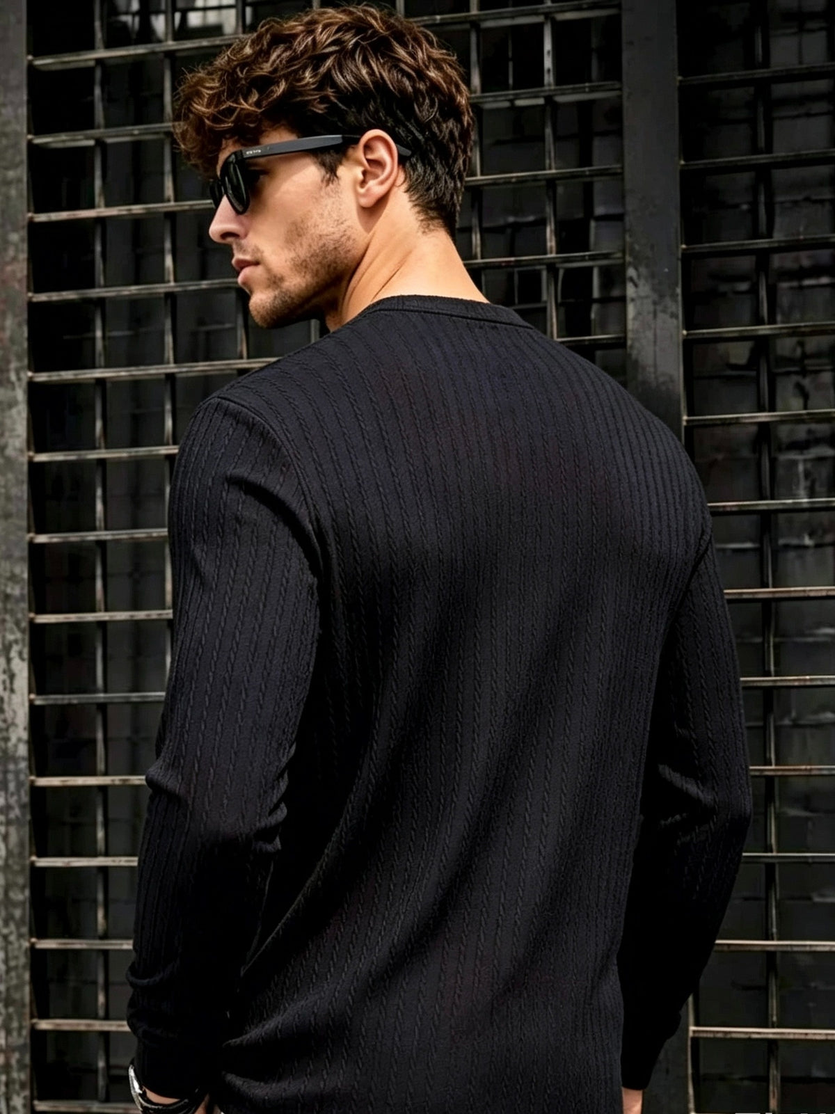 Men'S New Knit Retro Stretch Top, Textured Casual Loose Commuter All-Match Long Sleeve Henley Shirt - Navy Color