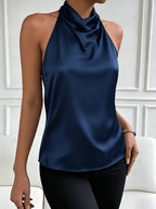 Elegant and Sexy Halter Neck Backless Top, Suitable for Summer Dates, Parties, Commuting, and Casual Fashion. Versatile and High-end, This Short-length Top Accentuates Your Figure with a Vintage Style - Deep Blue